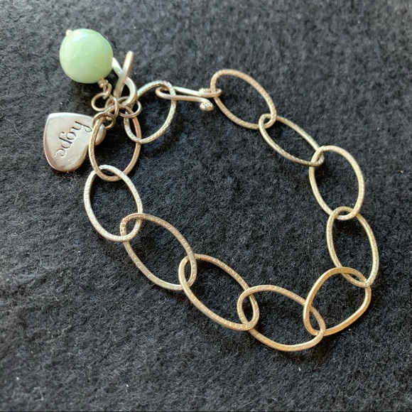 Charm Link Bracelet, green bead, hope, silver tone - Picture 5 of 8